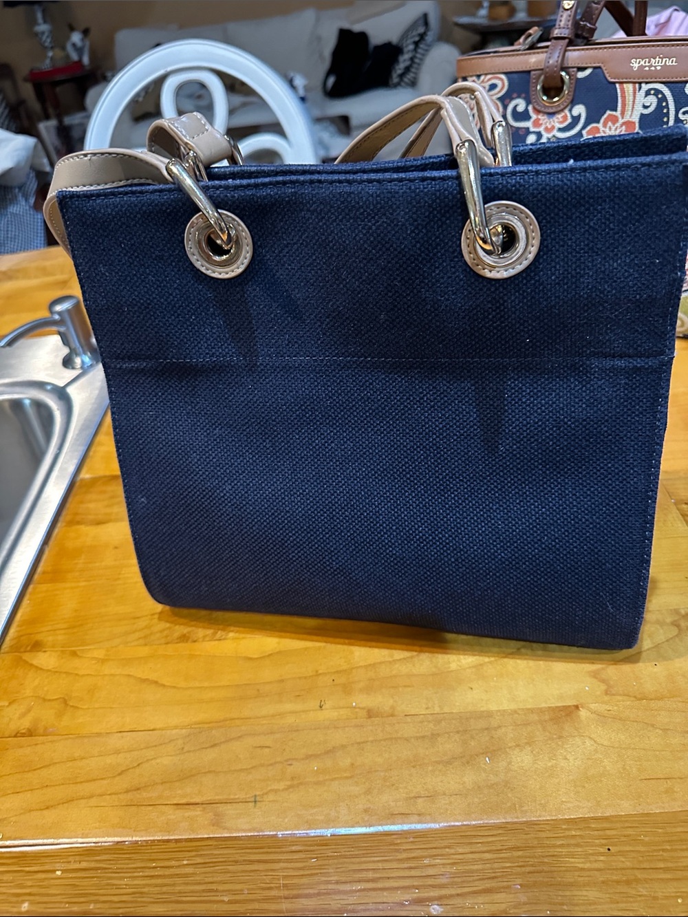 Spartina 449 Navy Embroidered Tote with Beige Handles - Picture 2 of 6